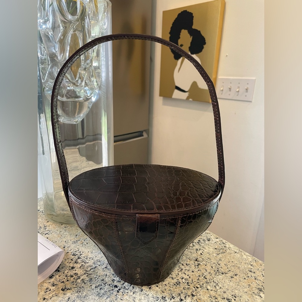 Staud Alice Dark Chocolate Brown Embossed Croc Leather Shoulder Bag